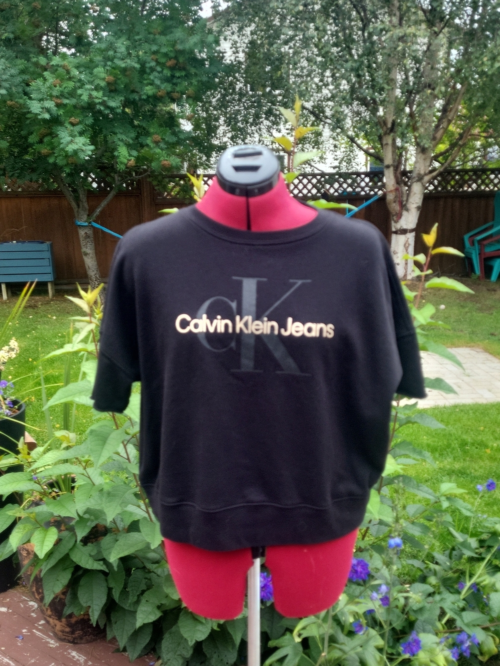 Calvin Klein Black Short Sleeve Cropped Sweatshirt with Gold Logo